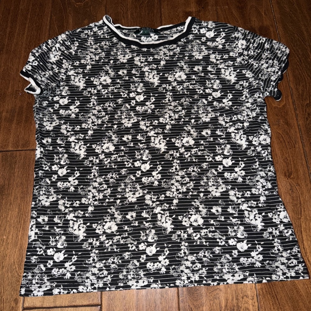 Lauren Ralph Lauren Double Print T Shirt Striped & Floral Print Size Medium Used